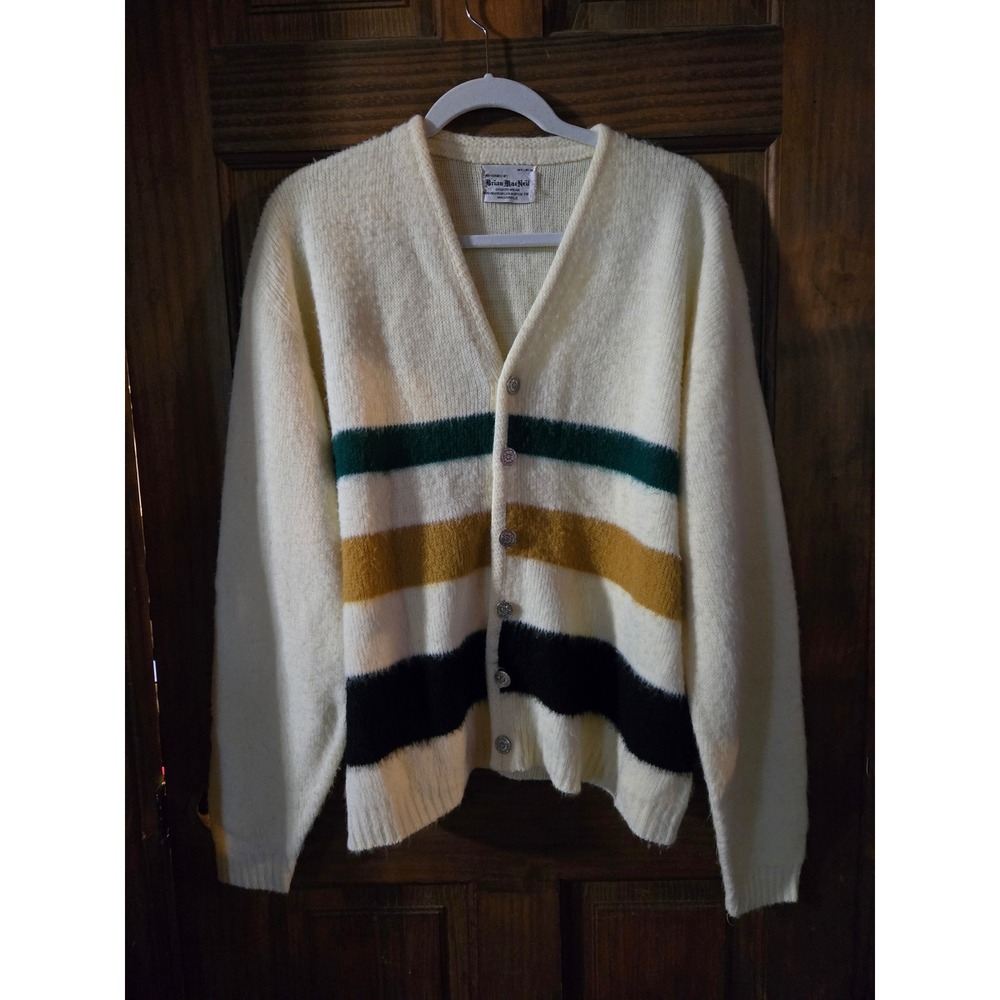 Vintage Brian MacNeil Mens Cream Striped Fuzzy Orlon Acrylic Cardigan Sweater L